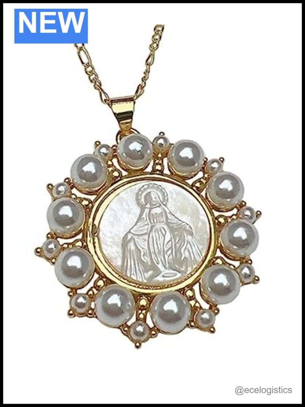 Mother of Pearl Virgin Mary Medal Necklace 18K Gold Plated